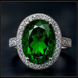 New Cathedral-Style Oval Halo Simulated Emerald Center & Pavé Diamond Ring